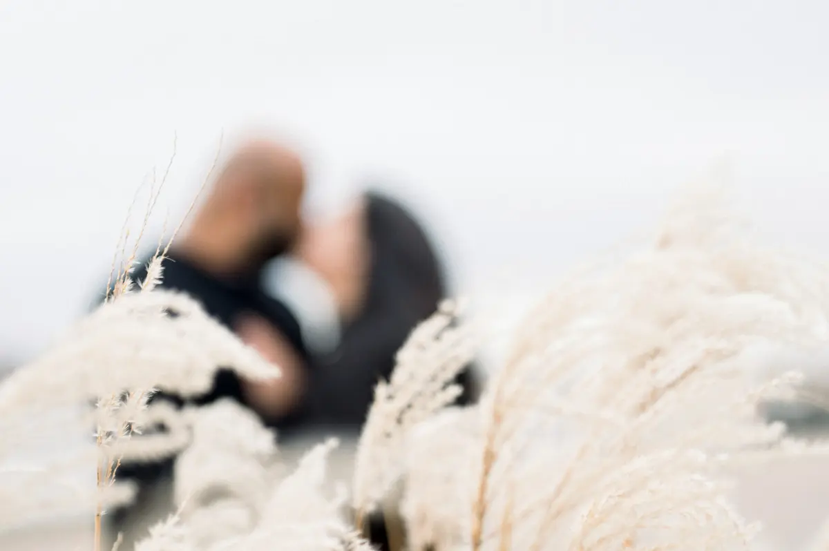 The couple's kiss glimpsed through blurred pampas grass