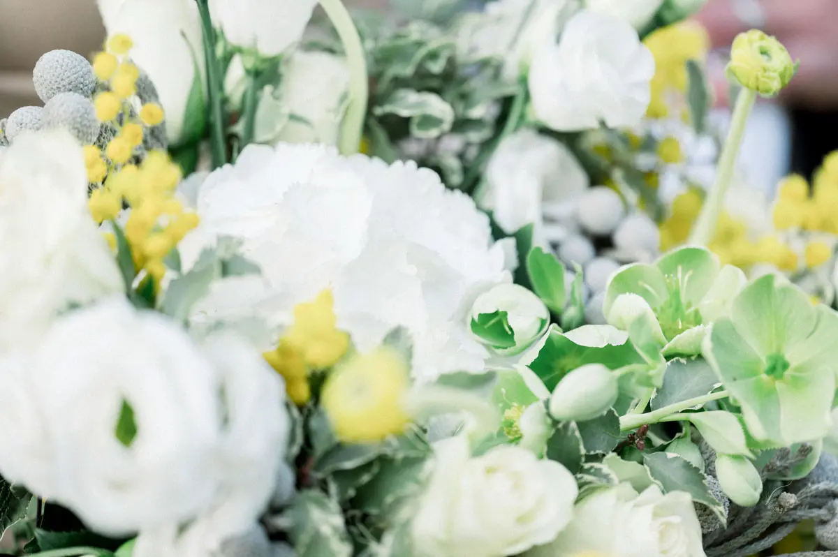 Detail of the bouquet of white lisianthus, mimosa and green hydrangea