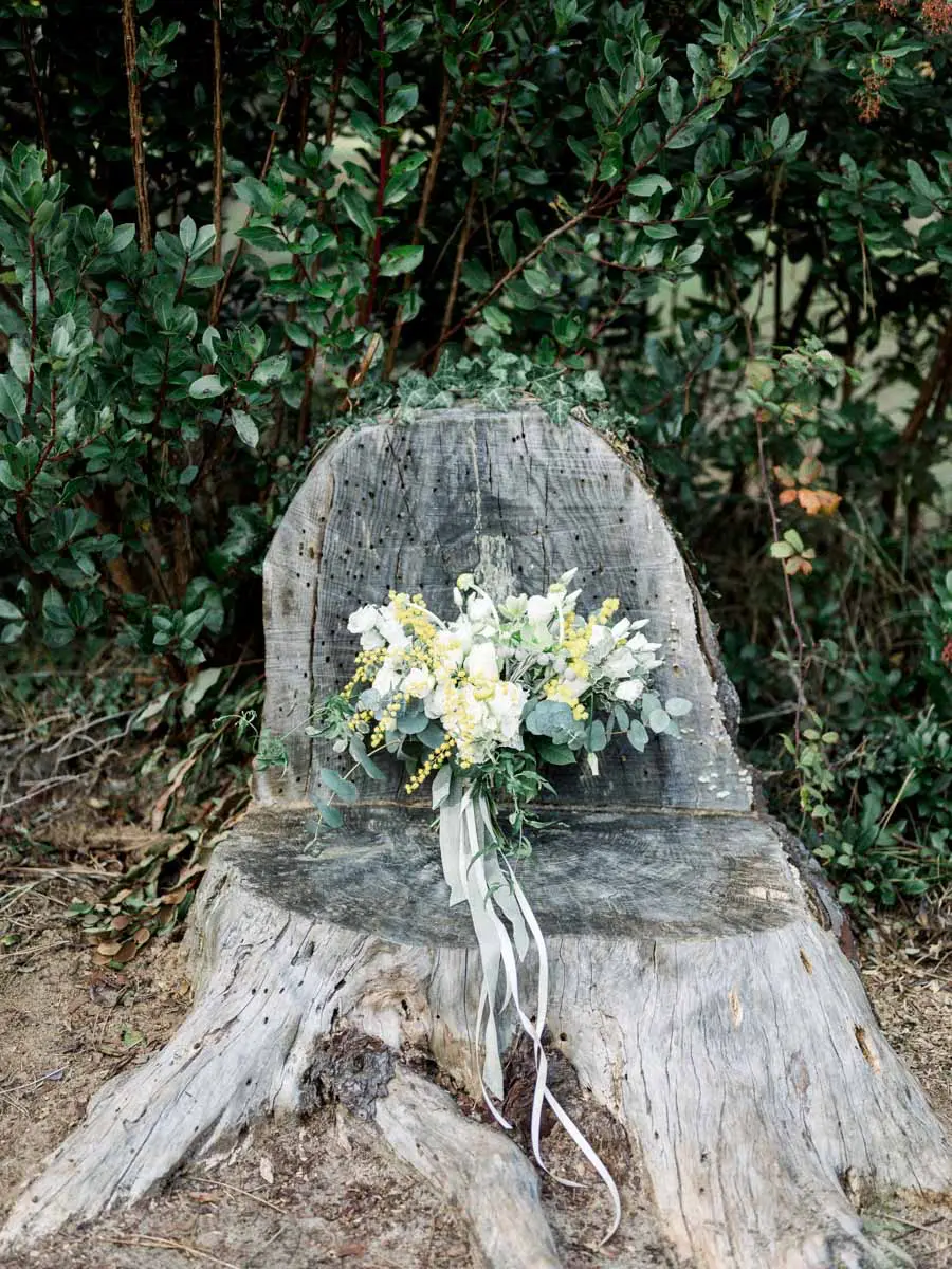 Bouquet of white flowers and mimosa resting on a tree stump