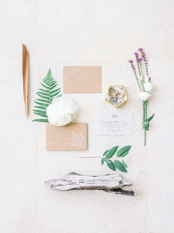Wedding invitation and rings flat lay, Villa La Tosca