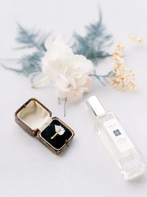 Bridal details: ring, perfume and flowers