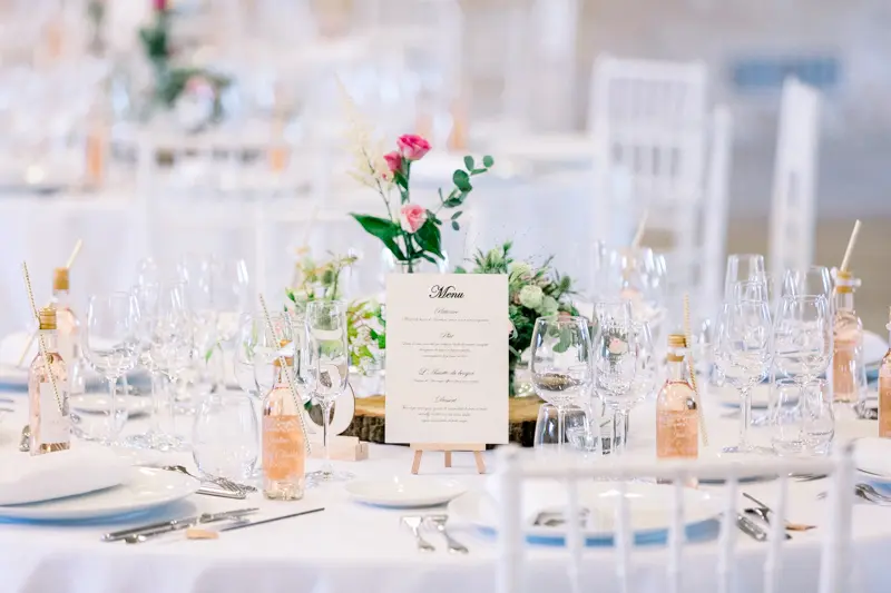 Wedding table details and menu, reception at Château de Seguin