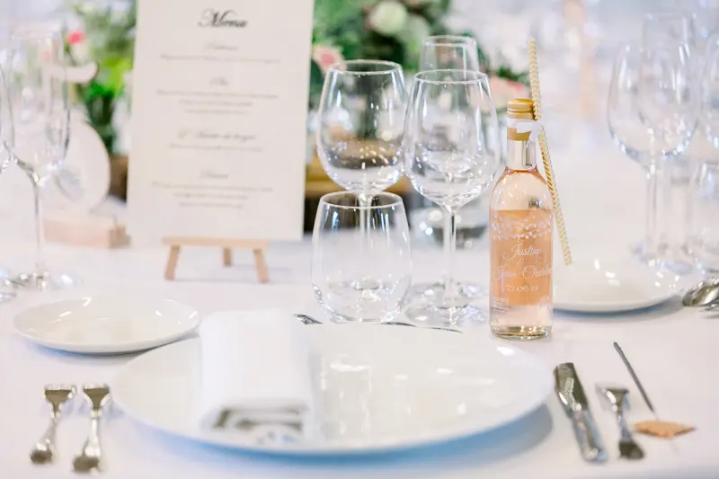Wedding table details and menu, reception at Château de Seguin