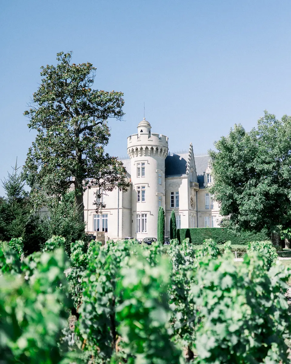 Le Château Pape Clément à Pessac, vu depuis ses vignes