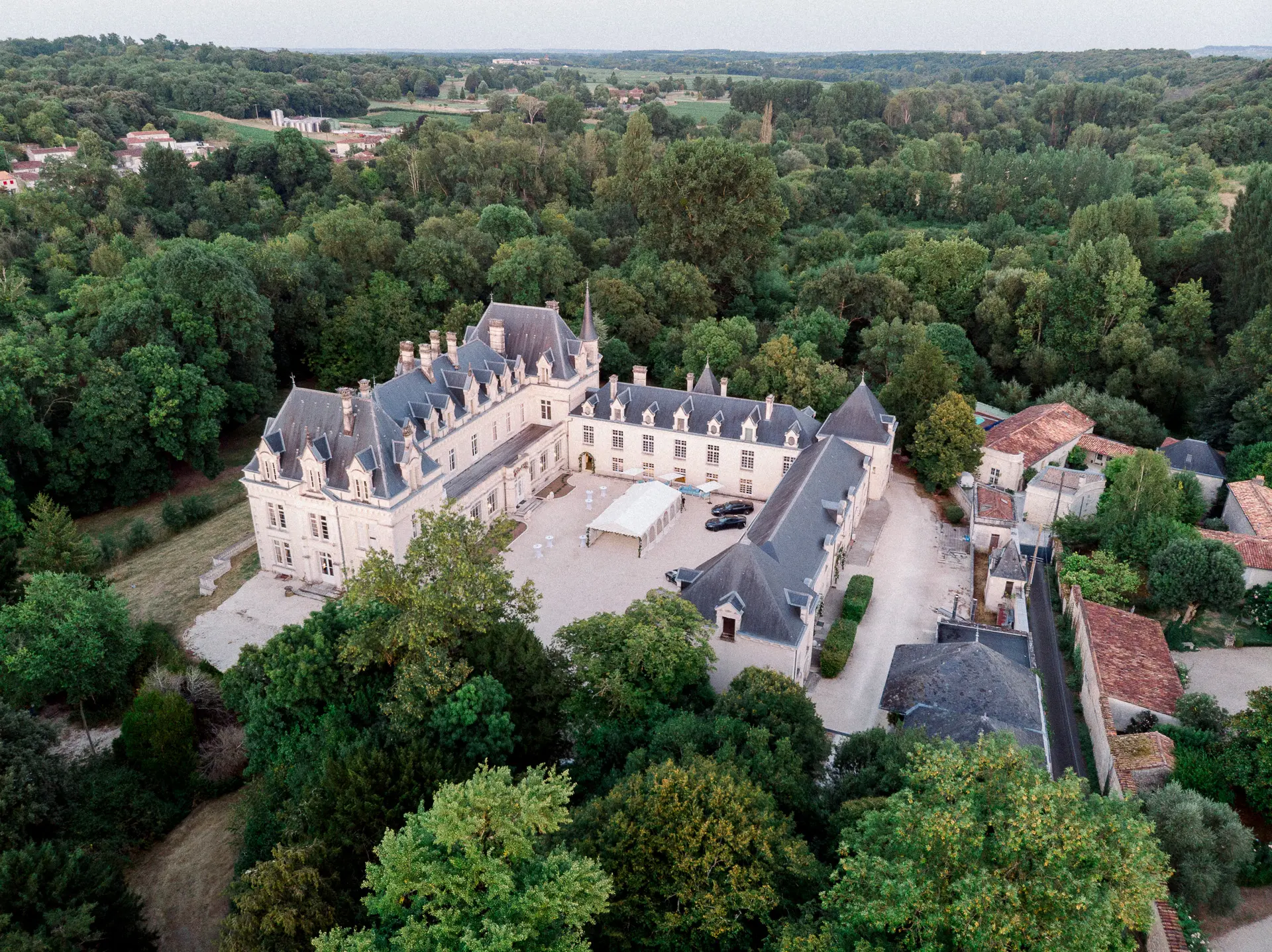 Vue aérienne du Château de Gardemoulin, entouré de bois, près de Cognac